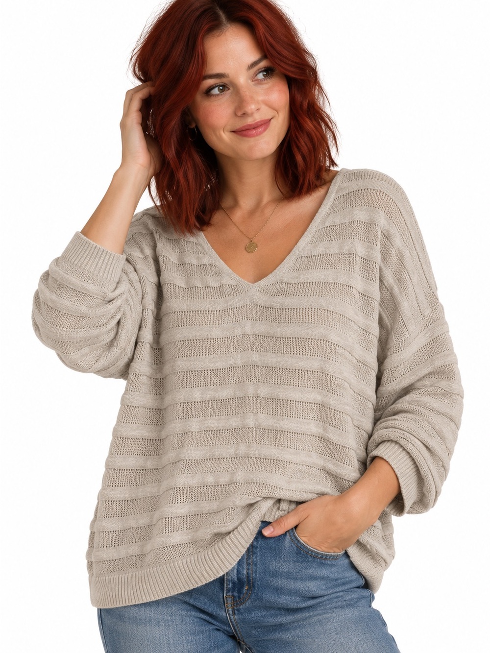 Lucky Brand Beige Open Knit V-Neck Sweater Women’s L